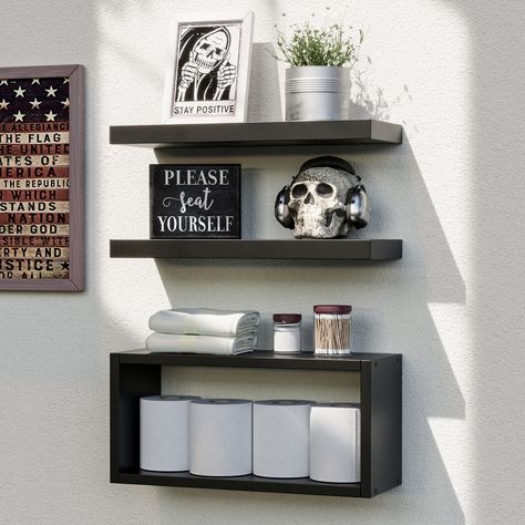 PRICES MAY VARY. Money Worth Combo - 3-set hanging shelves are crafted by sturdy manufactured wood for lasting durability, each shelf can hold up to 20 lbs. 2 pcs wood boards: 5.7"D x 15.7" W x 7.4" H. Double-layer frame: 5.7"D x 17" W x 7.4"H, with up to 4 rolls of toilet paper of internal storage space. Less Is More - These floating shelves become one with the wall thanks to the concealed mounting hardware, simple and classical. Aesthetical design with greater display storage capacity brings a Wall Shelves For Bathroom, Black Wall Shelves, White Wall Shelves, Shelves Over Toilet, Bathroom Shelves Over Toilet, Rustic Bathroom Shelves, Black Floating Shelves, White Floating Shelves, Warm Home Decor