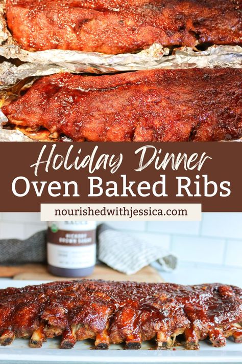 Treat your family to these melt-in-your-mouth pork ribs, perfect for holiday cooking! Baked in the oven with a homemade BBQ rub and finished with a savory BBQ sauce, these ribs are slow-cooked until fall-off-the-bone tender. Ideal as a Christmas main course or untraditional holiday appetizer, this recipe is gluten-free, dairy-free, and packed with comforting flavors. Great for winter gatherings, these pork ribs are sure to become a family favorite! Oven Roasted Bbq Ribs, Apple Cider Ribs, Ribs For Christmas Dinner, Christmas Ribs Recipe, How To Cook St Louis Ribs In Oven, How To Cook Pork Ribs In The Oven, Bbq Ribs In The Oven Fall Off The Bone, Pork Spareribs In The Oven, Ribs In Roaster