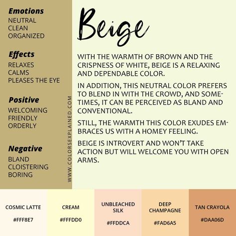 Meaning of the Color Beige And Its Symbolism (2023) • Colors Explained Beige Meaning, What Do Colors Mean, Vibrant Academia, 2024 Colors, Color Therapy Healing, Colour Psychology, Color Symbolism, 6th Grade Ela, Colors And Emotions