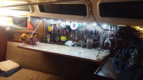 Tool Storage - A Simple Solution For Boats - Boat Renovation People Boat Tool Storage, Sailboat Upgrades, Boat Workshop, Boat Renovation, Catalina 30, Sailboat Restoration, Cabin Storage, Liveaboard Sailboat, Boat Interior Design