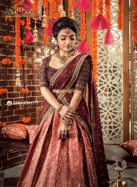 p4 South Indian Wedding Outfits Sisters, Simple Half Saree Designs South Indian, Brides Sister Indian Outfit, Half Saree Designs South Indian, Kerala Engagement Dress, Wedding Designers, Simple Lehenga, Lehenga Saree Design, Bridal Sarees South Indian