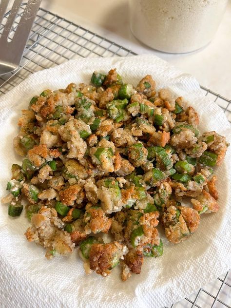 Southern Fried Okra (Gluten & Grain-Free) Southern Fried Okra, Fried Okra, Salmon Patties Recipe, Chicken Nugget Recipes, Nuggets Recipe, Healthy Salmon, Patties Recipe, Salmon Patties, Fried Food