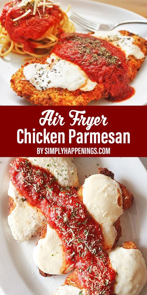 How to make air fryer chicken Parmesan with a crispy panko-Parmesan crust, melted mozzarella, and marinara sauce. Chicken Parmesan Air Fryer, Air Fryer Parmesan Chicken, Chicken Air Fryer Recipes, Air Fryer Chicken Parmesan, Air Fryer Recipes Healthy Low Carb, Chicken Air Fryer, Menu Sarapan Sehat, Dinners Easy, Air Fryer Oven Recipes