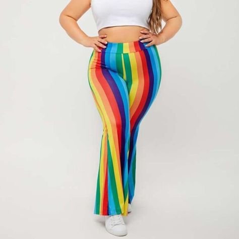 Plus Size 18-3xl Rainbow Striped Flare Leg Pants Rainbow Striped Pants, Rainbow Pants, Rainbow Outfit, Shein Pants, Flare Leg Pants, Striped Leggings, Striped Pants, Rainbow Stripes, Waist Size