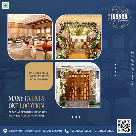 Many Events, One Location #Dreamfestiva #Restaurant #Banquet #Room #Gardenpartyplot #Surat #food #foodlover #foodie #delicious #events #punjabi #chinese #continental #seminarhalls #ringceremony #marriage #reception #babyshower #wedding #anniversary #business #seminar #kids #birthday #party #conference #corporate Banquet Hall Social Media Post, Banquet Hall Ads, Banquet Hall Creative Ads, Hotel Marketing Design, Grafics Design, Sample Flyers, Banquet Food, Business Seminar, Wedding Banquet Hall