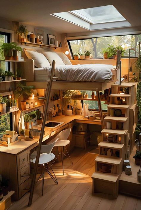 Loft Bedroom Ideas For Small Rooms, Attic Loft Bedroom Ideas Sloped Ceiling, Tiny Home Designs Interiors, Loft Bed Aesthetic Room, Tiny House Bed Ideas, Tiny Bedroom Ideas, Tiny Home Interior, Loft Bed Ideas, Lofted Bed