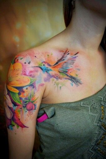 Watercolor Bird Tattoo Sleeves, Floral Back Tattoos, Baby Name Tattoos, Bright Tattoos, Surreal Tattoo, Watercolor Hummingbird, Watercolor Tattoos