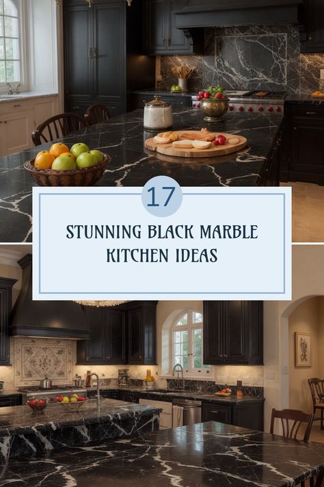 Collage of 2 stunning kitchens featuring black marble countertops, one showcasing fresh fruit and wooden elements, and another adorned with a crystal chandelier for a touch of elegance. Black And Brown Marble Countertops, Black And White Marble Kitchen Counter, Black Countertops With White Veining, Heavy Vein Marble Kitchen, Marble Kitchen Ideas, Marble Kitchen Inspiration, Black Quartz Kitchen Countertops, Black Marble Kitchen, Black Sink Kitchen