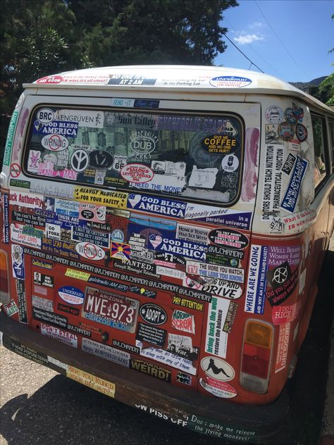 Bumper sticker covered VW bus I saw in Jerome,AZ 2017 Car Covered In Stickers, Car With Bumper Stickers, Sticker Covered Things, Things Covered In Stickers, Van Painting Ideas, Vw Bus Aesthetic, Vw Van Life, Bumper Stickers Aesthetic, Hippie Van Interior