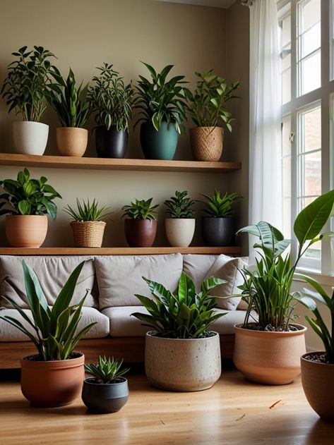 A living room filled with various potted indoor plants placed on the floor and a floating shelf, with a beige couch and large windows. Plant Styling, Modern Planters, Small Succulents, Leafy Greens, Contemporary Home Decor, Breath Of Fresh Air, Floating Shelf, Contemporary Home, Cozy Living Rooms