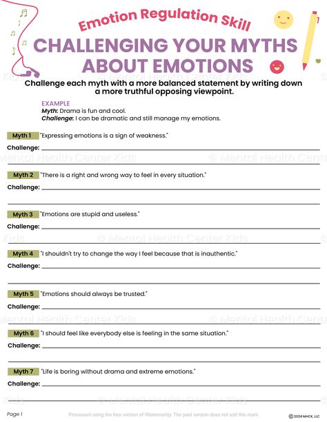 Myths or misconceptions about emotions, such as the belief that “Emotions are bad and destructive” or “There is a right and a wrong way to feel about events or situations” can get in the way of your ability to regulate emotions. These beliefs often come from dysfunctional settings and need to be challenged through emotional awareness and mindfulness. The Myths About Emotions DBT Worksheets include different activities that give clients opportunities to work on challenging common myths. For example, one worksheet asks them to write down as many myths as they can think of and rate their level of belief, while another worksheet asks them to brainstorm and write opposing viewpoints. These worksheets help kids and teens reduce emotional distress and develop a more balanced and realistic underst Emotional Awareness Worksheet, Emotional Regulation For Teens, Dbt Worksheet Activities, Boundaries Worksheet Mental Health, Cbt Interventions, Social Work Activities, Family Therapy Activities, Regulate Emotions, Anger Management Worksheets