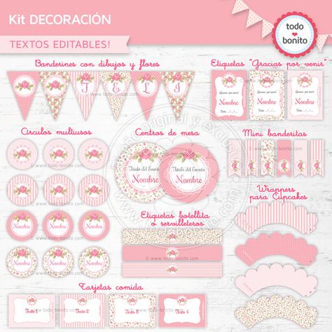 Kit imprimible "shabby chic" en rosa - Todo Bonito Shabby Chic Banners, Shabby Chic Party, Shabby Chic Crafts, Girl Themes, Baptism Girl, Gift Kit, Party Kit, Party In A Box, Summer Gift