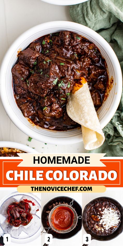 Check out the color of this perfectly smokey Chili Colorado! It's stunning, as is the flavor! It's rich, a little spicy, and seasoned with the perfect mix of dried spices. It doesn't get more authentic than this recipe and it's really simple to make! Chili Colorado Sauce Recipe, Ancho Chili Recipes, Chicken Colorado Recipe, Chili Colorado Recipe Beef, Unique Chili Recipe Award Winning, Chilli Colorado Recipe, Colorado Sauce Recipe, Mexican Chilli Recipe, Mole Chili Recipe