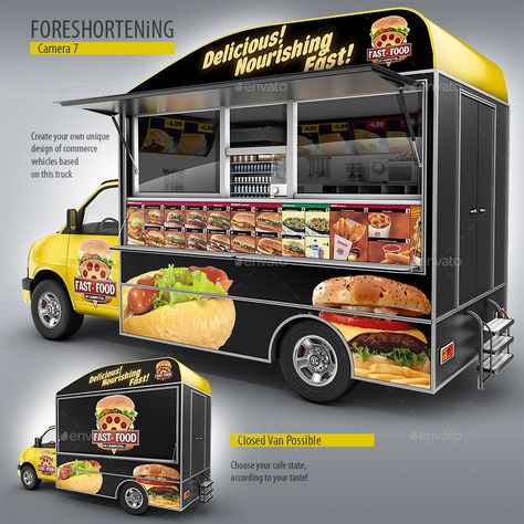 Food Truck Mock-Up. Van eatery mockup. Preview - GraphicRiver Food Van Design Ideas, Food Van Ideas, Food Truck Design Graphics, Food Truck Design Exterior, Food Van Design, Food Truck Branding, Burger Truck, Crazy Burger, Burger Van