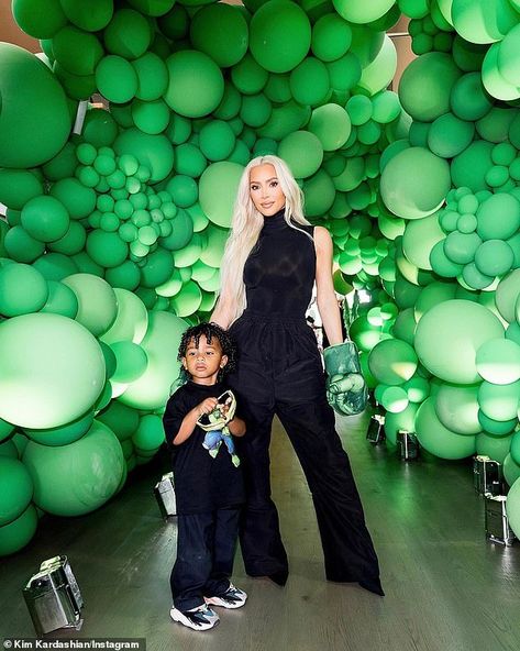 Cute: The star, who dyed her hair platinum blonde last week for the Met Gala, wore a sleeveless black turtleneck bodysuit with baggy trousers; pictured with son Psalm Incredible Hulk Party, Hulk Birthday Parties, Hulk Party, Hulk Birthday, Kardashian Kids, Jenner Family, Fit Kids, Winter Photoshoot, Kim K