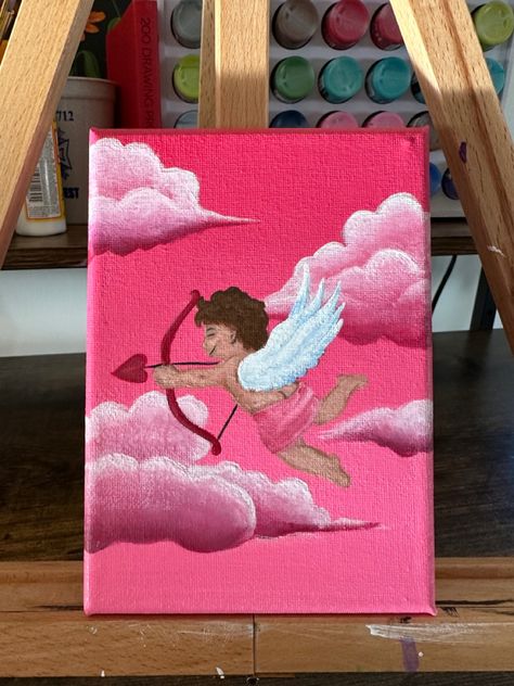 Cupid Painting Easy, Valentines Acrylic Painting Ideas, Cute Valentine Paintings On Canvas, Diy Pink Canvas Art, Valentine Paintings On Canvas, Valentine’s Day Painting On Canvas, Canvas Painting Ideas Pink, Valentines Painting Ideas Canvases, Canvas Ideas Aesthetic