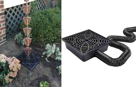 Rain Chain Drainage Ideas: Basins, Barrels, French Drains & More | RoofScour Rain Chain Catch Basin Ideas, Rain Chain Drainage Ideas, Rain Chain Basin Ideas, Rain Chain Drainage, French Drain Ideas, Rain Chain Ideas, Drainage Ideas, French Drain System, French Drains