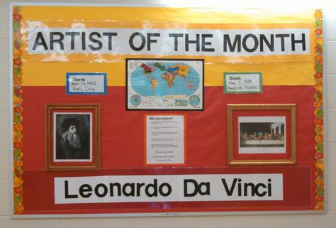 Loving my new bulletin board...artist of the month...include a map to show where the artist was born and died....and where the kids live...I used actual picture frames to frame the artist and the famous artwork...check out my blog inside the artroom on blogger.com for other ideas Artist Of The Month Bulletin Board, Art Classroom Bulletin Boards, Complete Sentence, Month Ideas, Prize Box, Artist Of The Month, The Minions, The Mona Lisa, 4th Grade Art