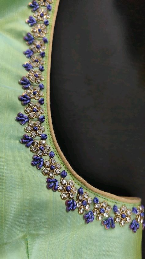 Green Blue Blouse Design, French Knot Embroidery Blouse, French Knot Aari Work Blouse, Blue Work Blouse, Green Blouse Designs, Pink Blouse Designs, Latest Bridal Blouse Designs, Aari Designs, Latest Blouse Designs Pattern