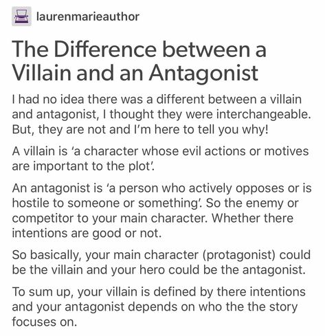 Villain vs Antagonist ~ Voldemort is the villain, Draco Malfoy is the antagonist. Writer Tips, Creative Writing Tips, Writing Characters, Book Writing Tips, Writing Resources, Writers Block, Writing Advice, Writing Words, Story Writing