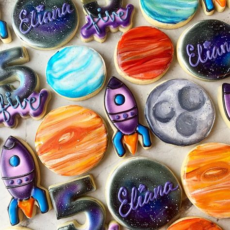 Decorated Sugar Cookies on Instagram: “If you know me you know I’m a big space nerd and I LOVE anything galactic 😛✨ So this was a hard set for me to part with lol. I flooded the…” Space Cookies Decorated, Space Cookies, Galaxy Cookies, Planet Birthday, Moon Birthday, Cookies Ideas, Outer Space Birthday, Decorated Sugar Cookies, Space Birthday