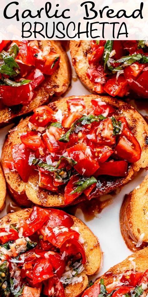 Easy Garlic Bread Bruschetta Garlic Bread Bruschetta Recipe, Ciabatta Bread With Tomato, Tomato Basil Toast, Brushetta Recipe Bread, Tomato Garlic Toast, Toasted Bread Appetizers, Roasted Bruschetta Recipe, Brochette Bread, Tomato Bruschetta With Garlic And Basil