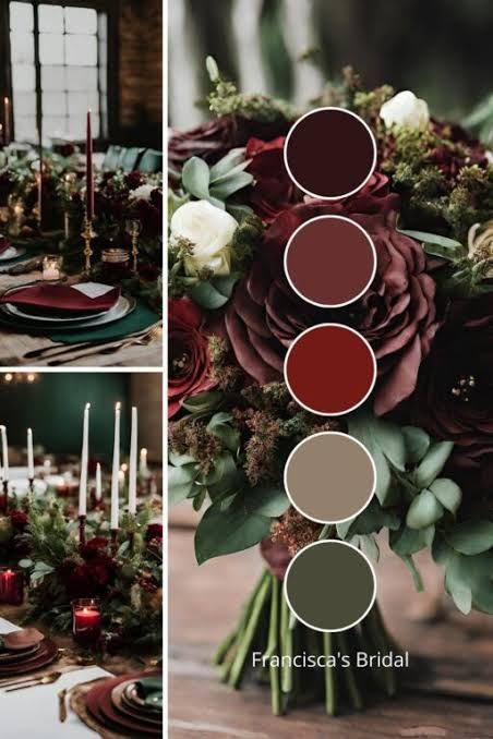 Formal Wedding Colors, Maroon Wedding Theme Color Palettes, Sage And Maroon Wedding, Fall Wedding Color Palette Burgundy, Dark Wedding Theme Color Schemes, Wedding Palates, Maroon And Green Wedding, Forest Wedding Colors, October Wedding Colors Schemes