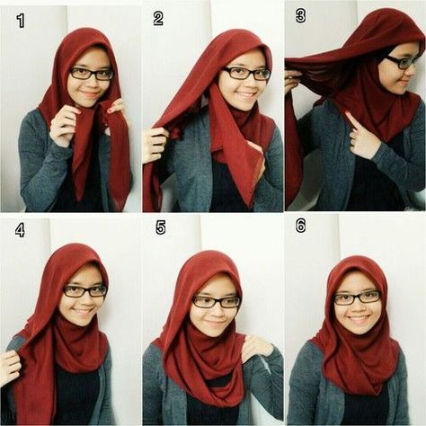 Hijab tutorial for glasses Triangle Hijab Style, Triangle Hijab Tutorial, Bawal Style, Bawal Tutorial, Square Hijab Tutorial, How To Wear Hijab, Hijab Ideas, Model Rok, Simple Hijab Tutorial