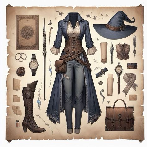 Female Wizard Aesthetic, Fantasy Healer Art, Fantasy Witch Outfit Art, Fantasy Sorceress Outfit, Fantasy Traveler Outfit Drawing, Witch Aesthetic Fashion Outfit, Fantasy Healer Outfit, Mage Outfit Design, Fantasy Mage Outfit