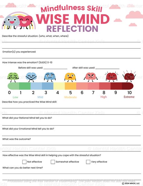 - 10 free printable worksheets to help you practice DBT's wise mind skill. Includes worksheets on mindfulness, emotional regulation, and distress tolerance. #DBT #DialecticalBehaviorTherapy Wise Mind Dbt, Dbt Activities, Coping Skills Worksheets, Psychology Tips, Rational Thinking, Anger Management Worksheets, Cbt Worksheets, Self Care Worksheets, Counseling Worksheets