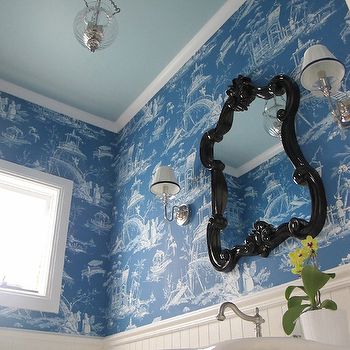 Blue Toile Wallpaper, Transitional, bathroom, Georgica Pond Interiors Chinoiserie Wallpaper Bathroom, Cottage Bathrooms, Space Under Stairs, Bathroom Under Stairs, Wainscoting Bedroom, White Beadboard, Luxurious Bathrooms, Beadboard Wainscoting, Wainscoting Bathroom