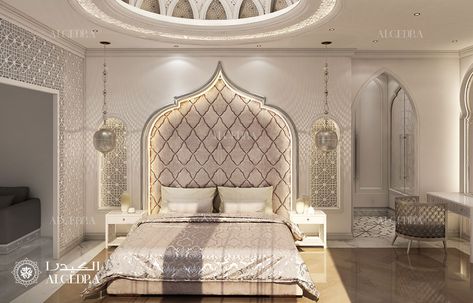 Luxury Master Bedroom Design - Interior Decor by Algedra Arabic Interior Design Bedroom, Islamic Interior Design Bedroom, Islamic Bedroom, Arabic Bedroom, Arabic Interior, Affordable Decorating Ideas, Indian Bedroom Design, Arabic Interior Design, Islamic Interior Design