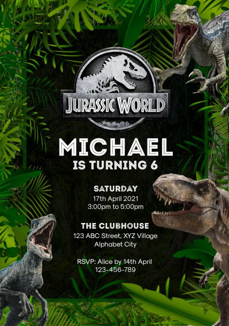 25,660+ birthday invitation Customizable Design Templates | PosterMyWall Fête Jurassic Park, Jurassic World Birthday, Birthday Invitations Templates, Festa Jurassic Park, Jurassic Park Birthday Party, Jurassic Park Party, Birthday Party At Park, Jurassic Park Birthday, Dinosaur Birthday Party Invitations