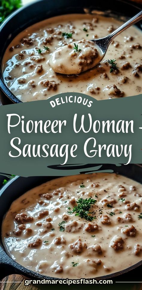 A rich and creamy breakfast classic, this sausage gravy is the perfect topping for biscuits! Made with breakfast sausage, milk, and a touch of flour, it’s easy, flavorful, and comforting. #SausageGravy #BreakfastRecipes #ComfortFood #PioneerWoman #SouthernCooking #EasyBreakfast Home Made Breakfast Gravy, Milk Gravy Recipe Breakfast, Conecuh Sausage Recipes Breakfast, Sausage And Gravy Recipe, Country Sausage Recipes Dinners, Sausage And Biscuits Gravy, Crockpot Sausage Gravy, Country Sausage Recipes, Jimmy Dean Sausage Recipes Breakfast