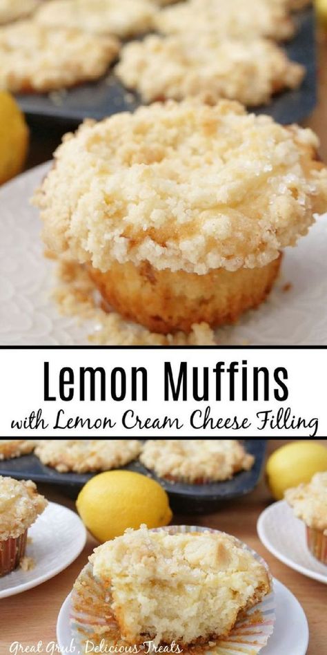 A double collage photo of lemon muffins. Lemon Cream Cheese Filling, Lemon Heaven, Delicious Lemon Desserts, Lemon Muffin Recipes, Recipes Muffins, Lemon Greek Yogurt, Yummy Bread, Stuffed Cookies, Lemon Cream Cheese