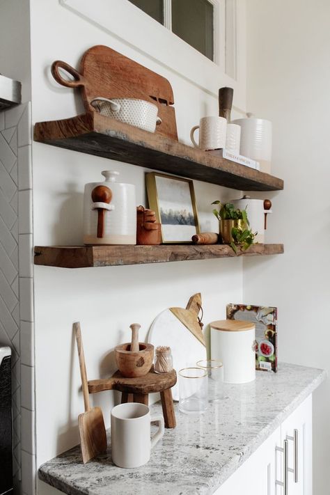 Open Kitchen Shelf Styling, Open Kitchen Shelves Decor, Kitchen Floating Shelves Decor, Kitchen Shelf Decor Ideas, Wood Shelves Kitchen, Kitchen Shelf Styling, Floating Kitchen Shelves, Kitchen Floating Shelves, Farmhouse Inspired Decor