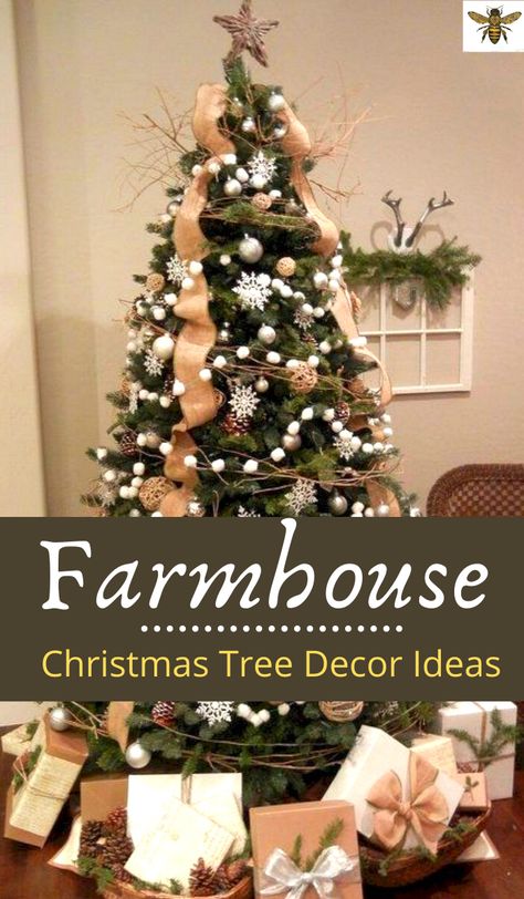 Farmhouse Decor Christmas Tree, Country Farmhouse Christmas Trees, Elegant Farmhouse Christmas Tree, Rustic Trees Christmas, Farmhouse Chic Christmas Tree, Farmhouse Christmas Tree Garland, Country Farmhouse Christmas Tree Decor, Country Decorated Christmas Trees, Farmhouse Christmas Tree Toppers