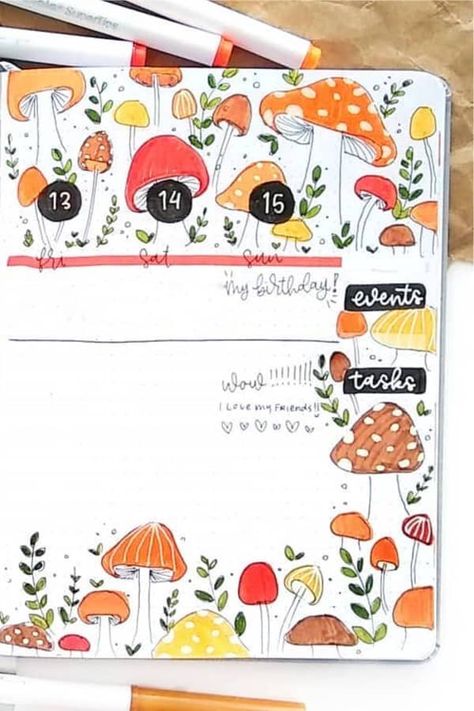 Check out the best mushroom themed bullet journal spreads and ideas for inspiration! #bujo #bulletjournal #bulletjournaltheme #bujoideas Mushroom Journal Ideas, Mushroom Bullet Journal Theme, Bullet Journal Mushroom Theme, Mushroom Bujo, Mushroom Doodle, Bullet Journal September, Crazy Laura, Art Journal Challenge, Bullet Journal 2020