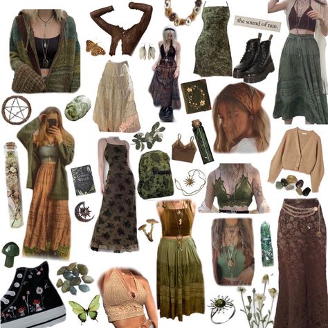 Witchy Earthy Outfits, Earth Witch Outfit Aesthetic, Fairycore Outfit Board, Boho Witch Capsule Wardrobe, Green Witch Clothing Aesthetic, Witchy Fairy Aesthetic Outfits, Cottagecore Punk Outfits, Hippy Inspired Outfits, Witch Asethic Outfits