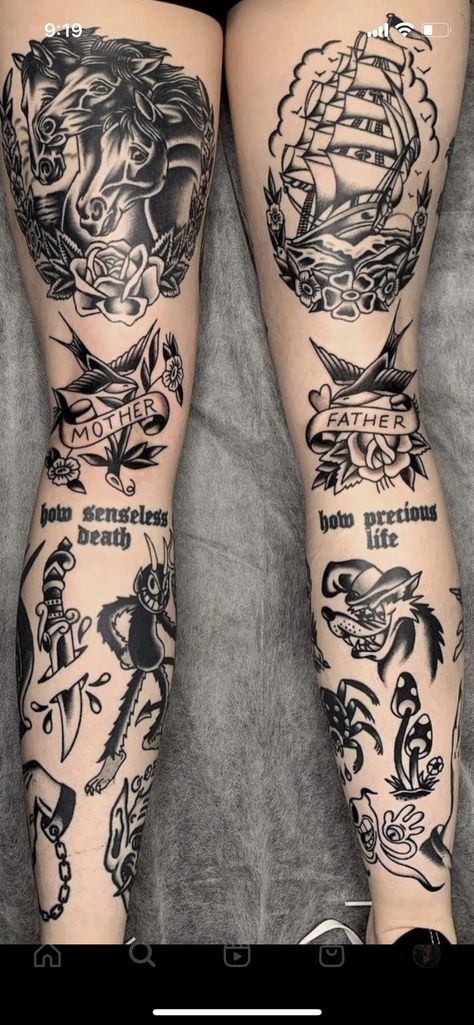 Leg Sleeve Traditional, Traditional Calf Tattoo, Under Knee Tattoos Women, Traditional Knee Tattoo, Small Chest Tattoos, Tattoo Sleeves, Chest Tattoos, Old School Tattoo Designs, Leg Tattoo Men