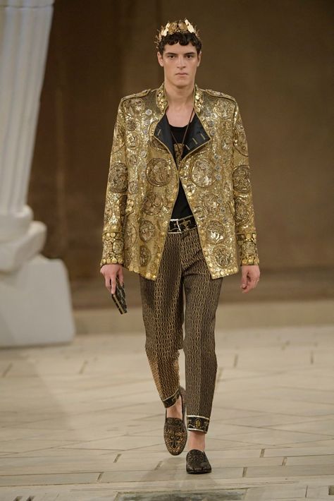 Dolce & Gabbana Embraces Hellenic Spirit for Alta Sartoria Collection Greek God Fashion Men, Jacquard Trousers, Gold Tuxedo, Tail Coat, Gala Themes, 2019 Couture, 2024 Prom, Gold Outfit, Laurel Leaves