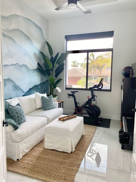 Workout Lounge Room, Home Peloton Room, Peloton In Apartment, Living Room With Peloton, Guest Room With Peloton, Guest Room Peloton, Home Gym Guest Room Combo Ideas, Home Office With Peloton Bike, Living Room Gym Ideas