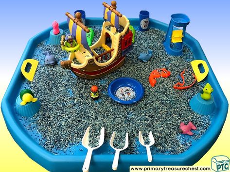 Pirates - Pirate Ship Themed Small World Multi-sensory - Coloured Rice Tray Ideas and Activities Pirate Messy Play, Pirate Tuff Tray, Pirate Tuff Tray Ideas, Tuff Tray Ideas, Pirates Ship, Coloured Rice, Pirate Activities, Funky Fingers, Tuff Spot