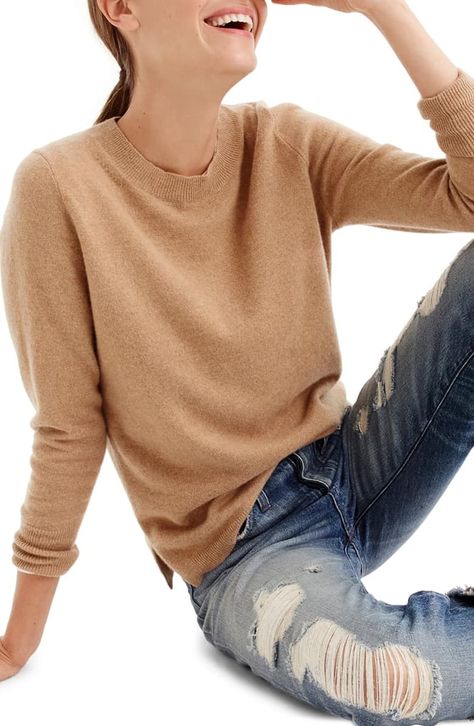 Crewneck And Jeans, Cashmere Sweater Outfit, Crew Neck Sweater Outfit, Scoop Neck Midi Dress, Ribbed Knit Bodysuit, Minimalist Capsule Wardrobe, Camel Sweaters, Sweater Outfit, Jcrew Sweater