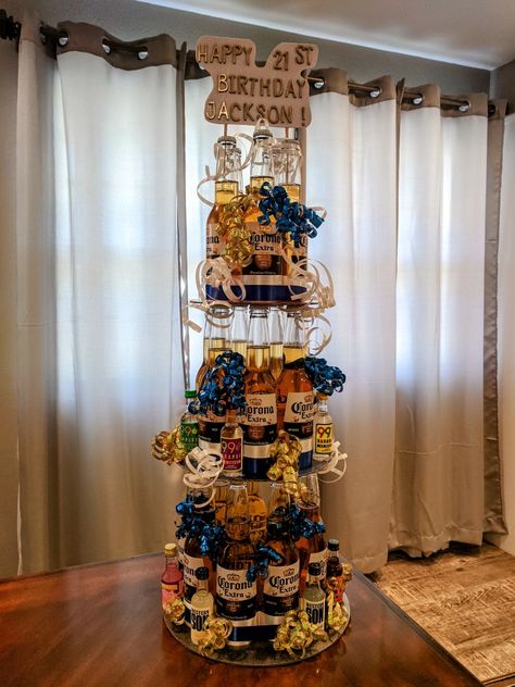 21st birthday beer bottle tower Beer Bottle Cake, Birthday Beer, Bottle Cake, Cake Tower, Beer Tower, Beer Birthday, 21st Birthday, Beer Bottle, Beer