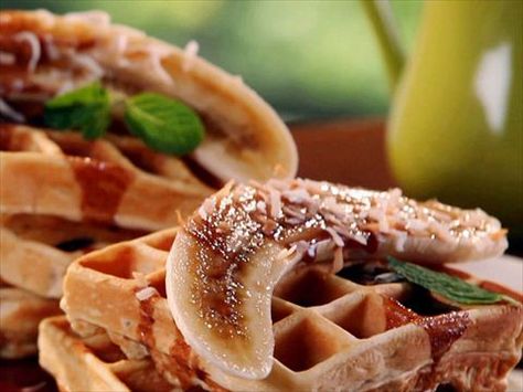 Waffles With Chocolate, Coconut Waffles, Pancakes With Banana, Bobby Flay Recipes, Banana Recipe, Best Brunch Recipes, Coconut Pancakes, Waffle Toppings, Bobby Flay