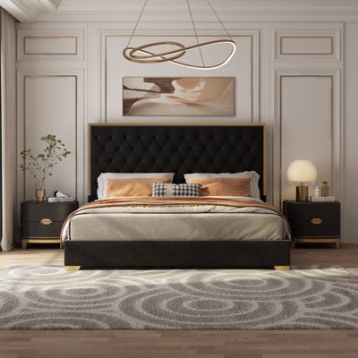 With their contemporary design, these queens, and king beds add excitement to your bedroom décor. It has a tufted upholstered velvet fabric headboard. Built on a solid wood frame with accents nail head application adds beauty to the bed. | Everly Quinn Valmar Morden Tufted Upholstered Golden Platform Bed Black 55.0 x 83.0 x 85.0 in | HMPS1043_76862388_77379556 | Wayfair Canada Black And Gold Bedroom Decor, Platform Bed Upholstered, Tufted Platform Bed, Black Bed Frame, Gold Bed, Black Headboard, Yellow Bedding, Fabric Headboard, Gold Bedroom