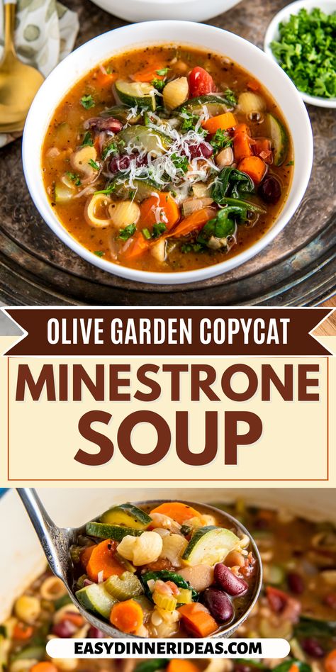 This Minestrone Soup tastes just like the Olive Garden's so there's no need to leave the house! Fresh vegetables, tender noodles, rich spices, and parmesan make this soup very hearty and flavorful. Plus, it's an easy soup to make and it can be ready in under an hour! Minestrone Soup With Gnocchi, Zucchini Minestrone Soup, Healthy Olive Garden Soup, Minestrone Soup No Tomato, Olive Garden Ministroni Soup Recipe, Copy Cat Olive Garden Ministroni Soup, Ministroni Soup Olive Garden, Pioneer Woman Minestrone Soup, Plant Based Minestrone Soup