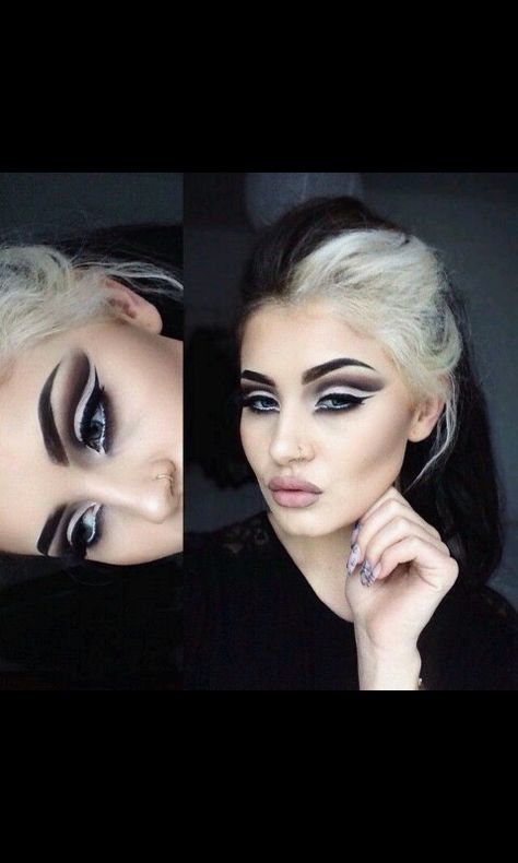 Disney villain makeup Crease Makeup Looks, Eyeliner Names, Cut Crease Makeup Looks, Grey Eyeliner, Cruella Deville Makeup, Disney Villains Makeup, Cruella Deville Costume, Jamie Genevieve, Makeup Looks To Try