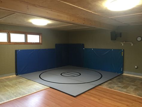 Home gym with 12x12 wrestling mat. Man Cave Ideas Cheap, Home Gym Shed, Basement Gym Ideas, Gym Shed, Wrestling Mat, Diy Home Gym, Basement Gym, Basement Inspiration, Man Cave Home Bar